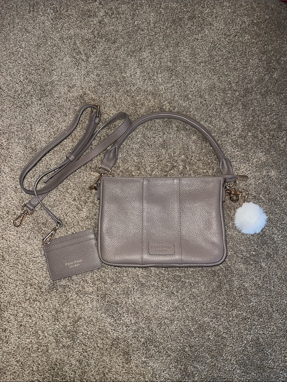 Pom Pom London Taupe Pebbled Leather Crossbody with Detachable Strap/Card Holder
